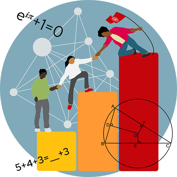 Illustration of three people helping each other climb three bar chart bars that increase in height. Math symbols are in the background.